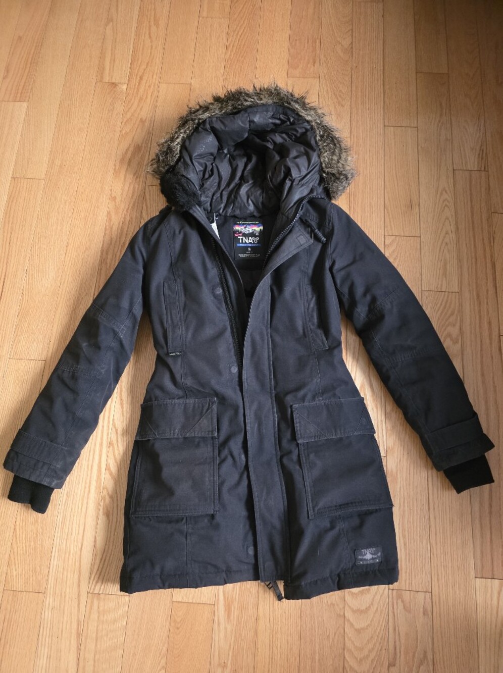 TNA Bancroft Long Faux-Fur Hooded Down-Filled Slim Fit Parka, Black, Small